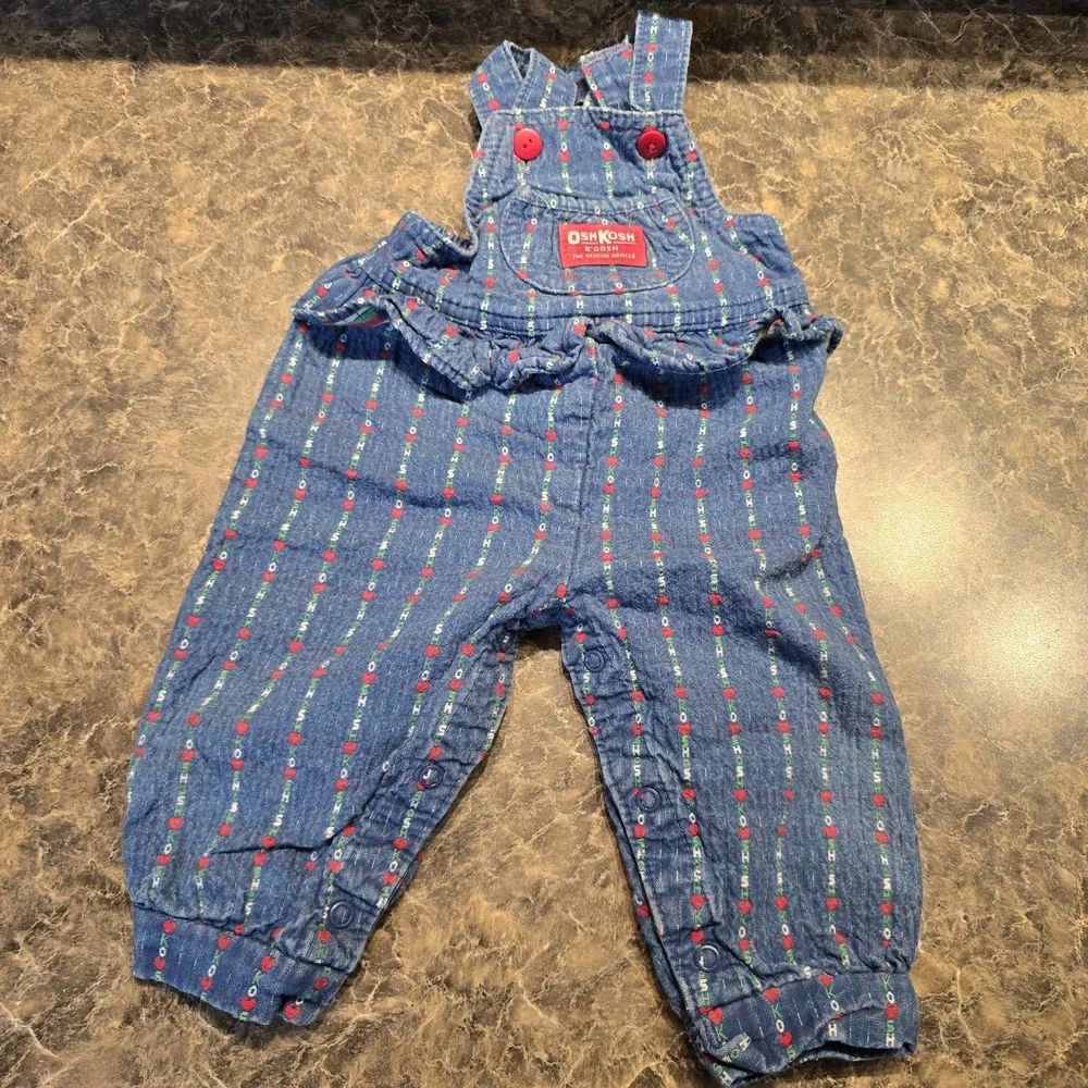 RARE OshKosh B'Gosh‎ Vintage Logo Ruffle Spell Out Heart Overalls Size 6M/9M
